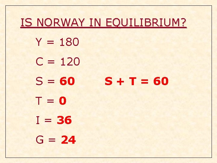 IS NORWAY IN EQUILIBRIUM? Y = 180 C = 120 S = 60 T=0 IS NORWAY IN EQUILIBRIUM? Y = 180 C = 120 S = 60 T=0