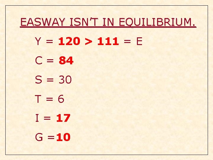 EASWAY ISN’T IN EQUILIBRIUM. Y = 120 > 111 = E C = 84 EASWAY ISN’T IN EQUILIBRIUM. Y = 120 > 111 = E C = 84