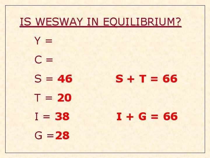 IS WESWAY IN EQUILIBRIUM? Y= C= S = 46 S + T = 66 IS WESWAY IN EQUILIBRIUM? Y= C= S = 46 S + T = 66