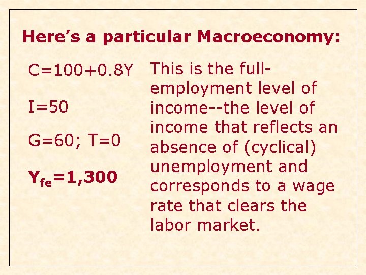 Here’s a particular Macroeconomy: C=100+0. 8 Y I=50 G=60; T=0 Yfe=1, 300 This is Here’s a particular Macroeconomy: C=100+0. 8 Y I=50 G=60; T=0 Yfe=1, 300 This is