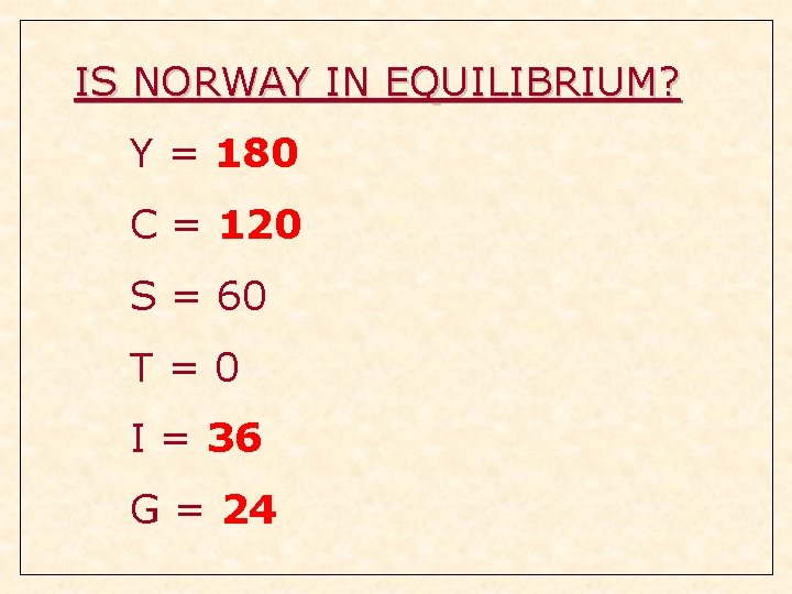 IS NORWAY IN EQUILIBRIUM? Y = 180 C = 120 S = 60 T=0 IS NORWAY IN EQUILIBRIUM? Y = 180 C = 120 S = 60 T=0