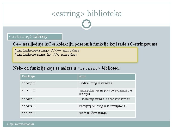 <cstring> biblioteka 118 <cstring> Library C++ naslijeđuje iz C-a kolekciju posebnih funkcija koji rade