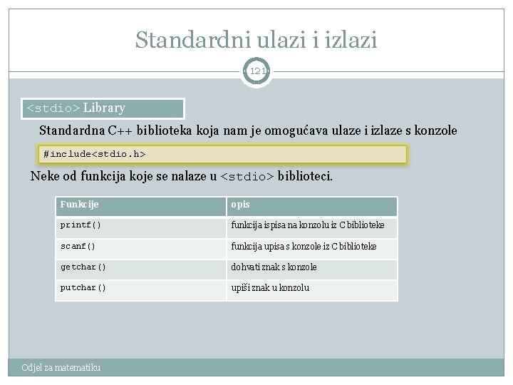 Standardni ulazi i izlazi 121 <stdio> Library Standardna C++ biblioteka koja nam je omogućava