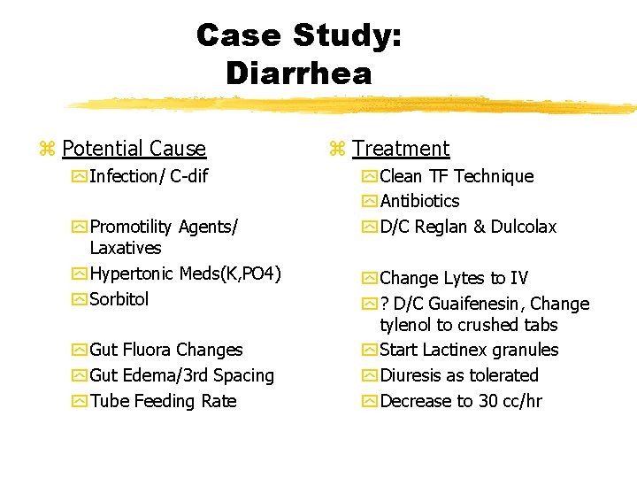 Case Study: Diarrhea z Potential Cause y Infection/ C-dif y Promotility Agents/ Laxatives y