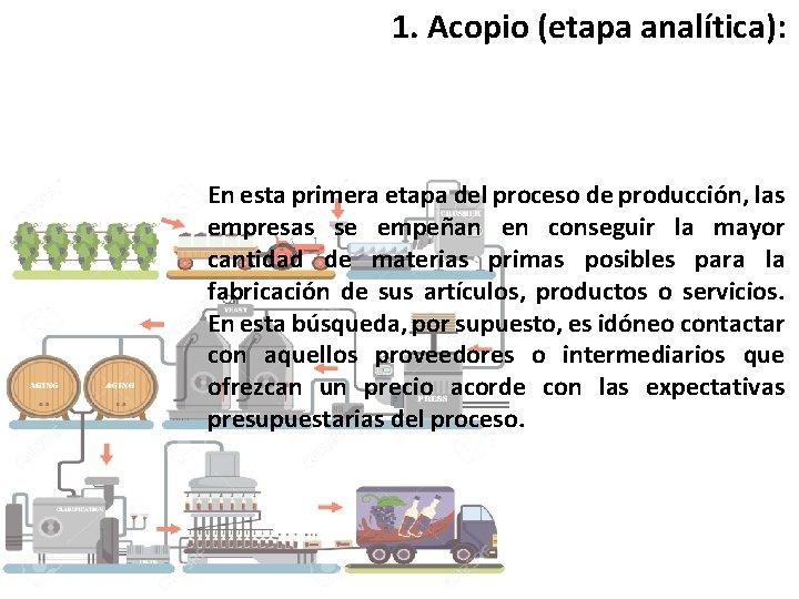 1. Acopio (etapa analítica): En esta primera etapa del proceso de producción, las empresas