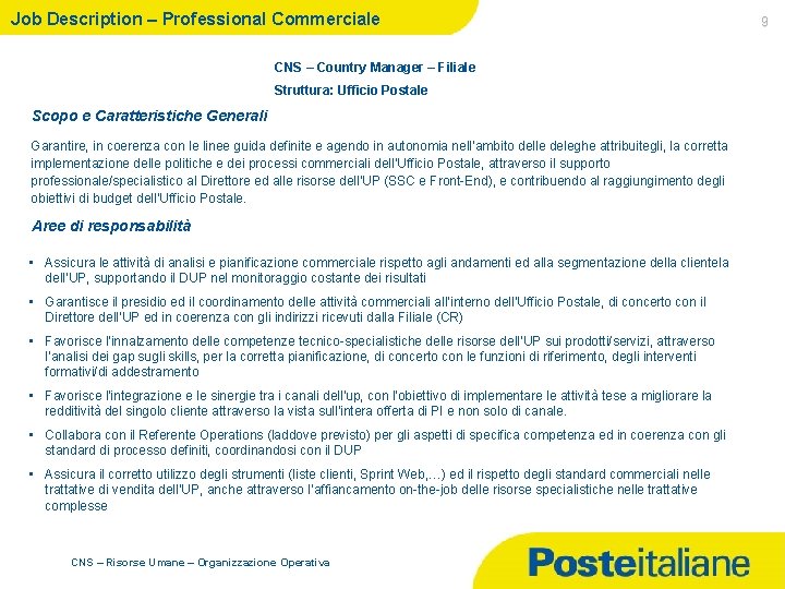 Job Description – Professional Commerciale CNS – Country Manager – Filiale Struttura: Ufficio Postale