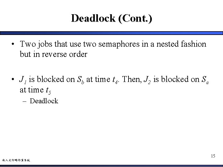 Deadlock (Cont. ) • Two jobs that use two semaphores in a nested fashion