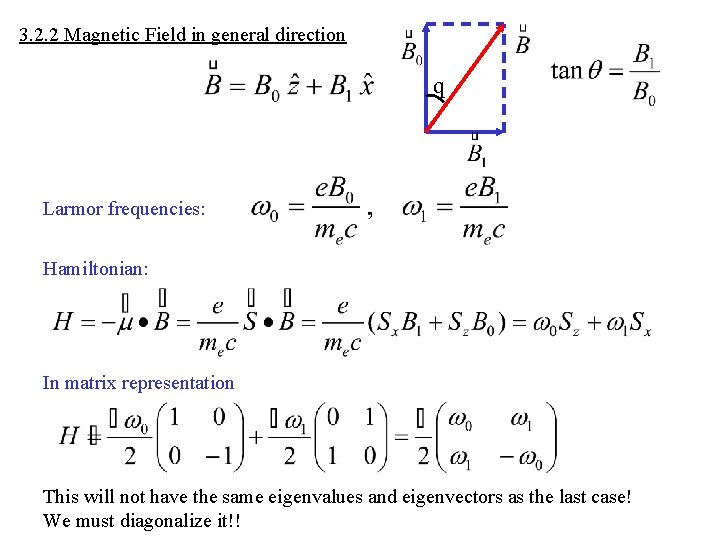 3. 2. 2 Magnetic Field in general direction q Larmor frequencies: Hamiltonian: In matrix