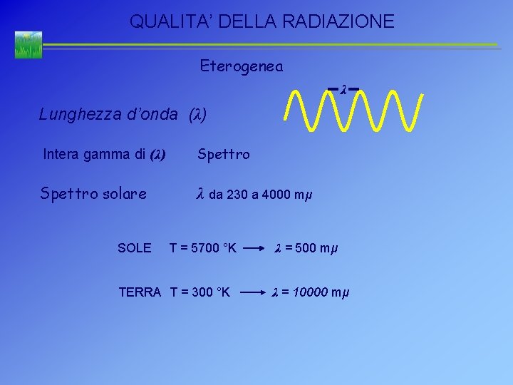 QUALITA’ DELLA RADIAZIONE Eterogenea λ Lunghezza d’onda (λ) Intera gamma di (λ) Spettro solare