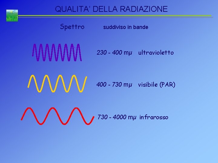 QUALITA’ DELLA RADIAZIONE Spettro suddiviso in bande 230 - 400 mμ ultravioletto 400 -