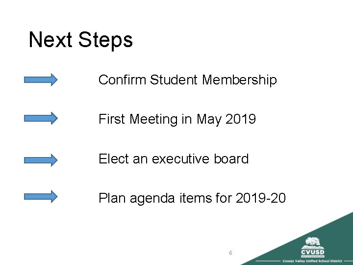 Next Steps Confirm Student Membership First Meeting in May 2019 Elect an executive board