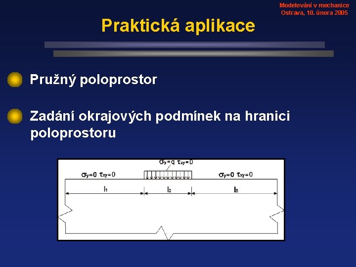 Praktická aplikace Modelování v mechanice Ostrava, 10. února 2005 Pružný poloprostor Zadání okrajových podmínek