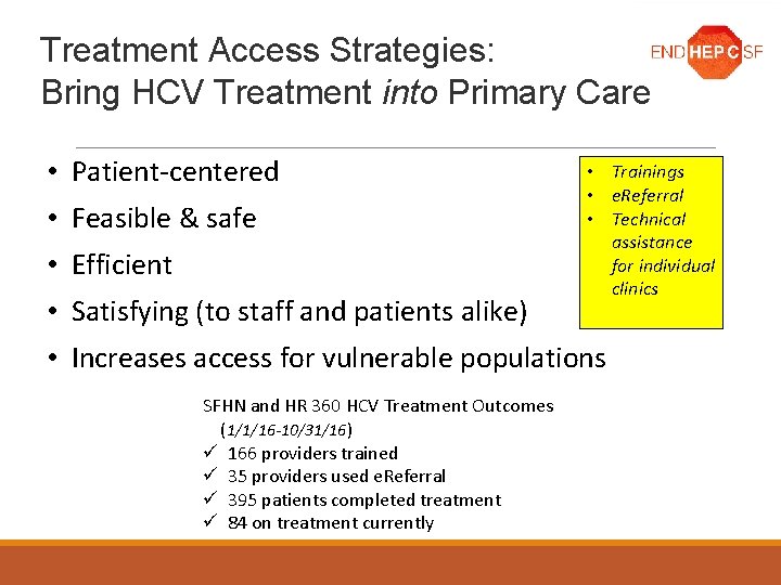 Treatment Access Strategies: Bring HCV Treatment into Primary Care Program Development • Patient-centered •