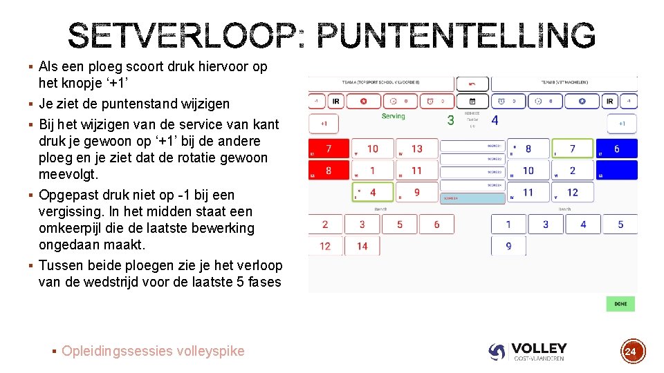 § Als een ploeg scoort druk hiervoor op het knopje ‘+1’ § Je ziet