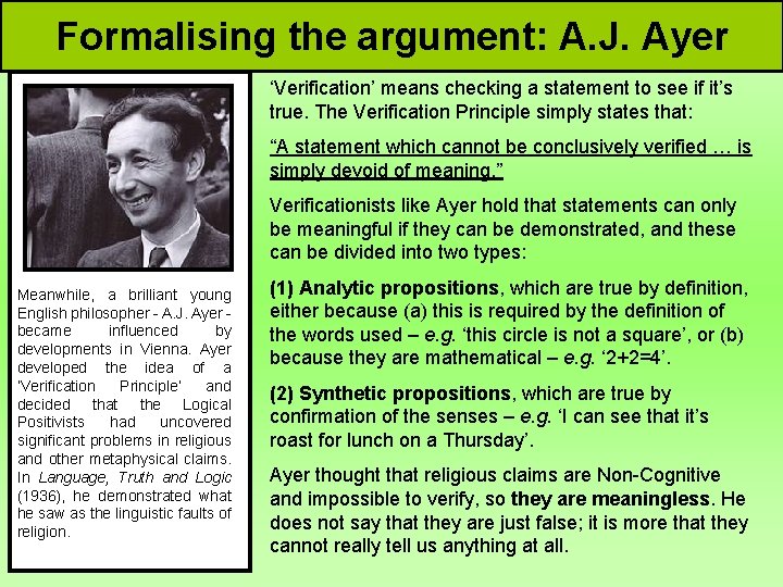 Formalising the argument: A. J. Ayer ‘Verification’ means checking a statement to see if