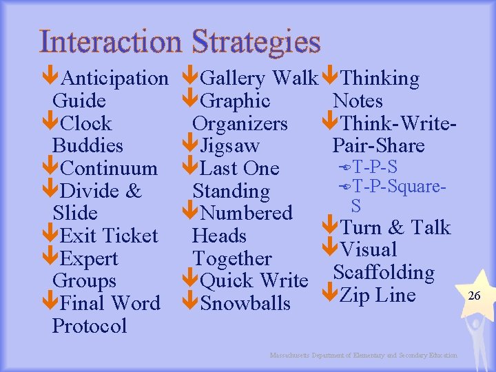 Interaction Strategies Anticipation Guide Clock Buddies Continuum Divide & Slide Exit Ticket Expert Groups