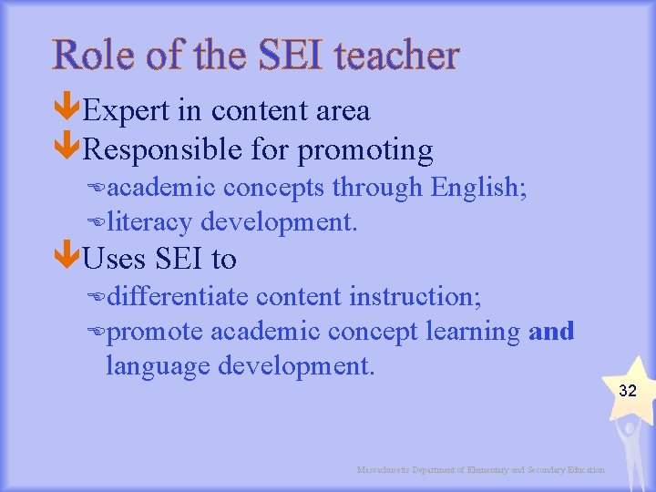Role of the SEI teacher Expert in content area Responsible for promoting Eacademic concepts