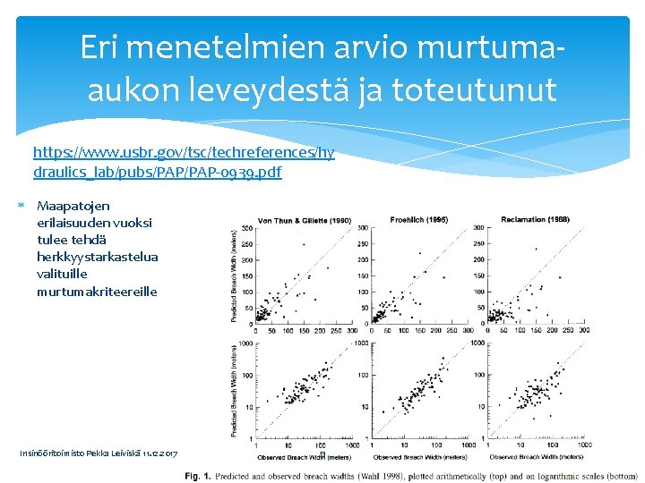 Eri menetelmien arvio murtumaaukon leveydestä ja toteutunut https: //www. usbr. gov/tsc/techreferences/hy draulics_lab/pubs/PAP-0939. pdf Maapatojen