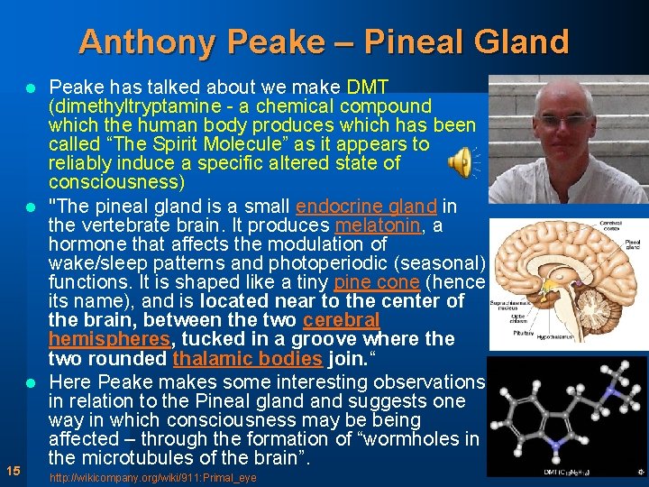 Anthony Peake – Pineal Gland Peake has talked about we make DMT (dimethyltryptamine -