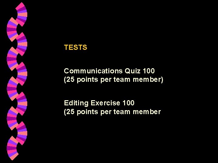 TESTS Communications Quiz 100 (25 points per team member) Editing Exercise 100 (25 points