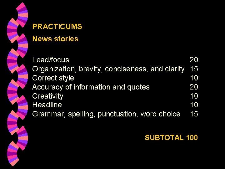 PRACTICUMS News stories Lead/focus Organization, brevity, conciseness, and clarity Correct style Accuracy of information