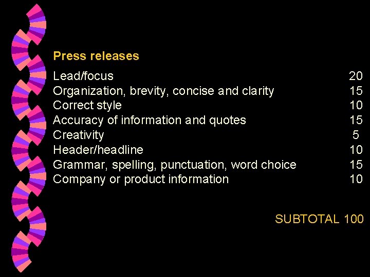 Press releases Lead/focus Organization, brevity, concise and clarity Correct style Accuracy of information and