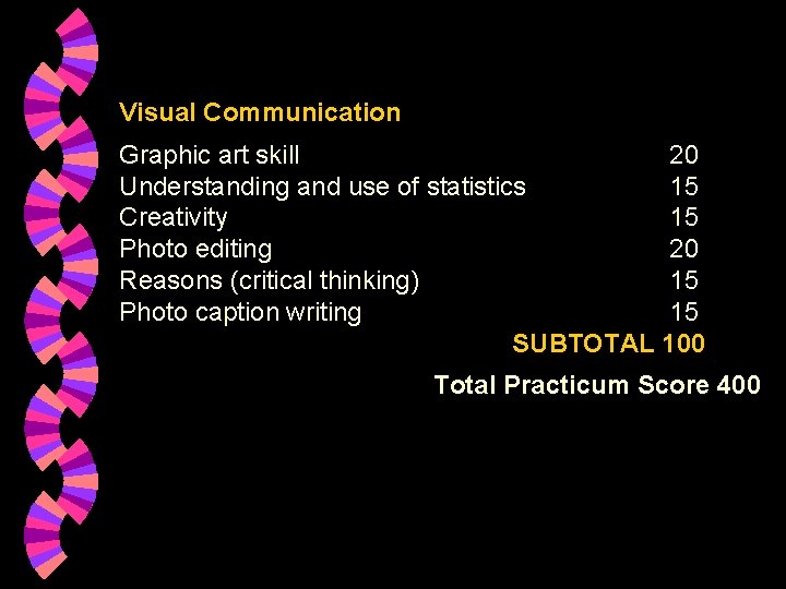 Visual Communication Graphic art skill 20 Understanding and use of statistics 15 Creativity 15