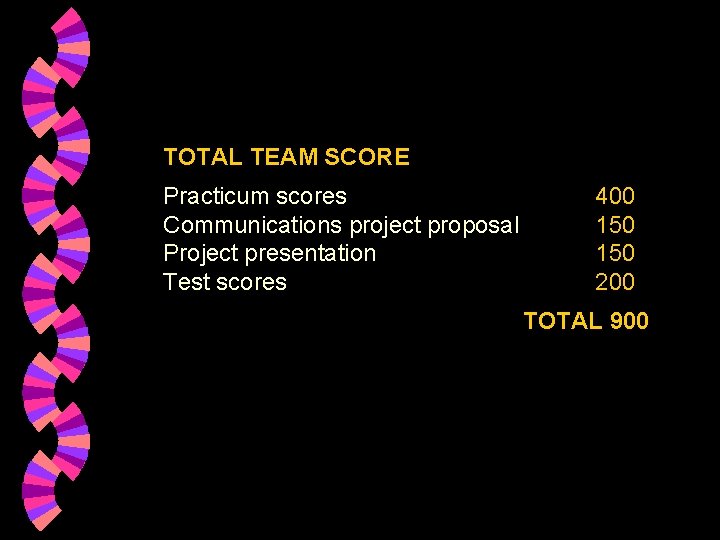 TOTAL TEAM SCORE Practicum scores Communications project proposal Project presentation Test scores 400 150