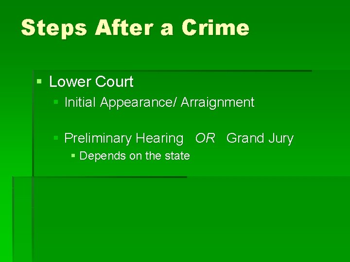 Steps After a Crime § Lower Court § Initial Appearance/ Arraignment § Preliminary Hearing