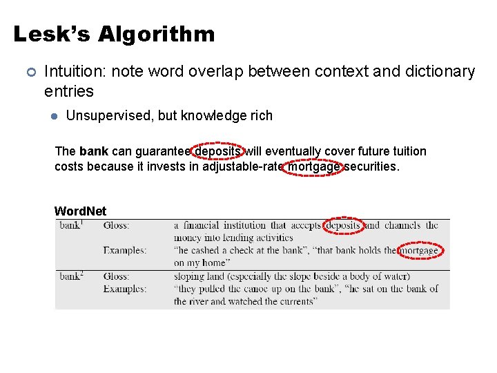 Lesk’s Algorithm ¢ Intuition: note word overlap between context and dictionary entries l Unsupervised,