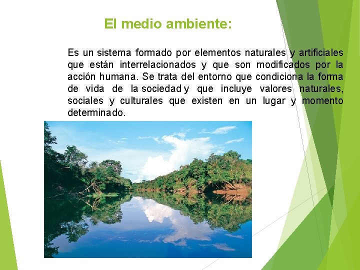 El medio ambiente: Es un sistema formado por elementos naturales y artificiales que están