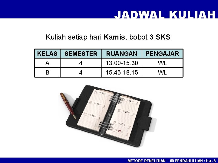 JADWAL KULIAH Kuliah setiap hari Kamis, bobot 3 SKS KELAS SEMESTER RUANGAN PENGAJAR A