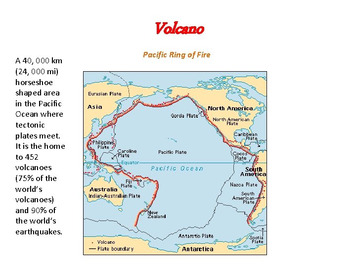 Volcano A 40, 000 km (24, 000 mi) horseshoe shaped area in the Pacific Volcano A 40, 000 km (24, 000 mi) horseshoe shaped area in the Pacific