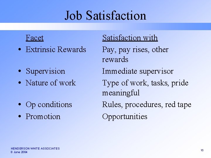 Job Satisfaction Facet Extrinsic Rewards Supervision Nature of work Op conditions Promotion HENDERSON WHITE