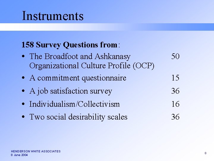 Instruments 158 Survey Questions from: The Broadfoot and Ashkanasy Organizational Culture Profile (OCP) A