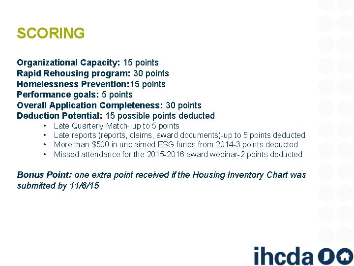 SCORING Organizational Capacity: 15 points Rapid Rehousing program: 30 points Homelessness Prevention: 15 points