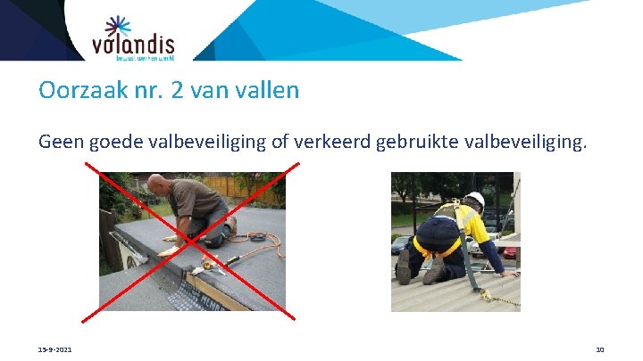 Oorzaak nr. 2 van vallen Geen goede valbeveiliging of verkeerd gebruikte valbeveiliging. 15 -9