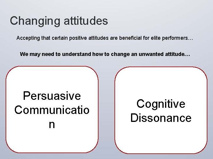 Changing attitudes Accepting that certain positive attitudes are beneficial for elite performers… We may