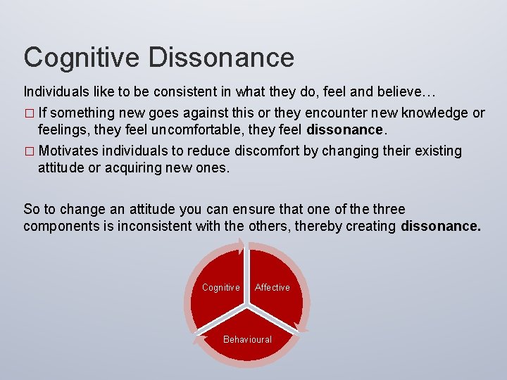 Cognitive Dissonance Individuals like to be consistent in what they do, feel and believe…