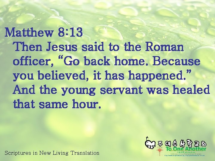 Matthew 8: 13 Then Jesus said to the Roman officer, “Go back home. Because