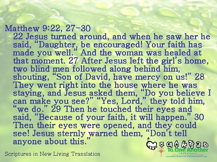 Matthew 9: 22, 27 -30 22 Jesus turned around, and when he saw her