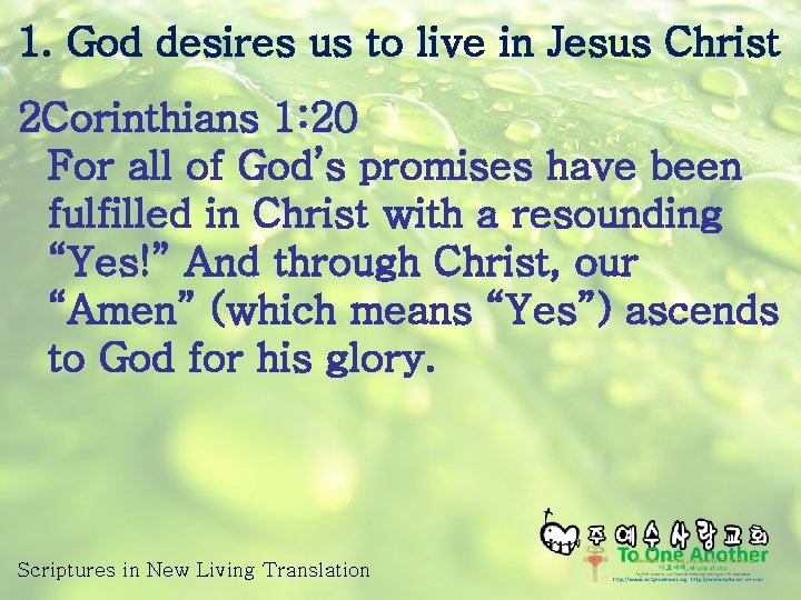 1. God desires us to live in Jesus Christ 2 Corinthians 1: 20 For