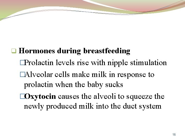 q Hormones during breastfeeding �Prolactin levels rise with nipple stimulation �Alveolar cells make milk