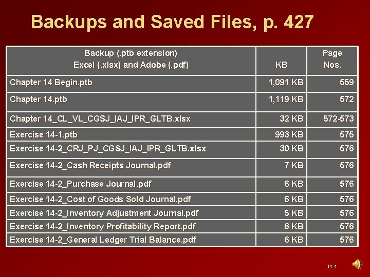 Backups and Saved Files, p. 427 Backup (. ptb extension) Excel (. xlsx) and