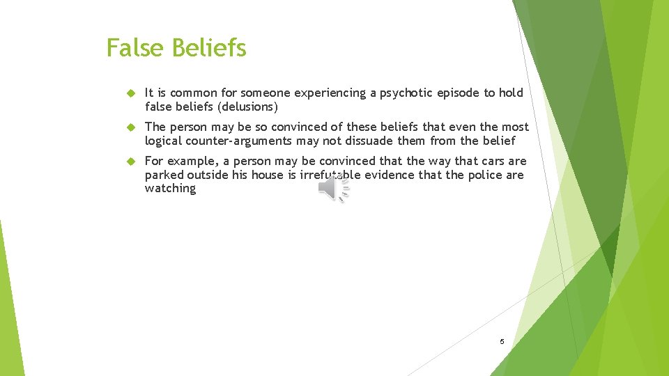 False Beliefs It is common for someone experiencing a psychotic episode to hold false