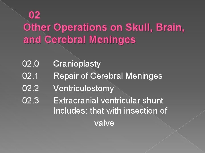 02 Other Operations on Skull, Brain, and Cerebral Meninges 02. 0 02. 1 02.