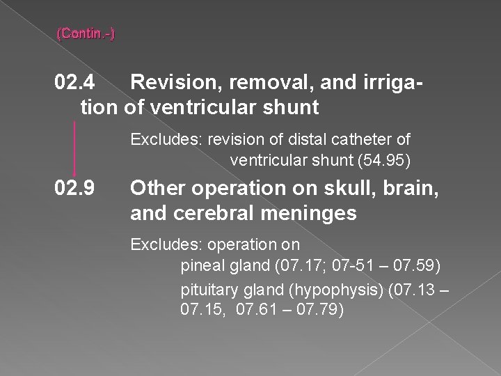 (Contin. -) 02. 4 Revision, removal, and irrigation of ventricular shunt Excludes: revision of