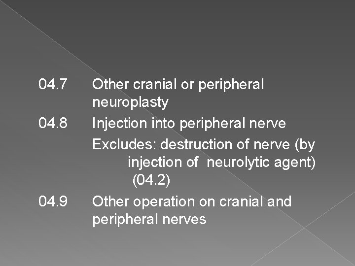 04. 7 04. 8 04. 9 Other cranial or peripheral neuroplasty Injection into peripheral