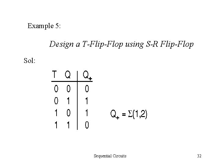 Example 5: Design a T-Flip-Flop using S-R Flip-Flop Sol: Sequential Circuits 32 