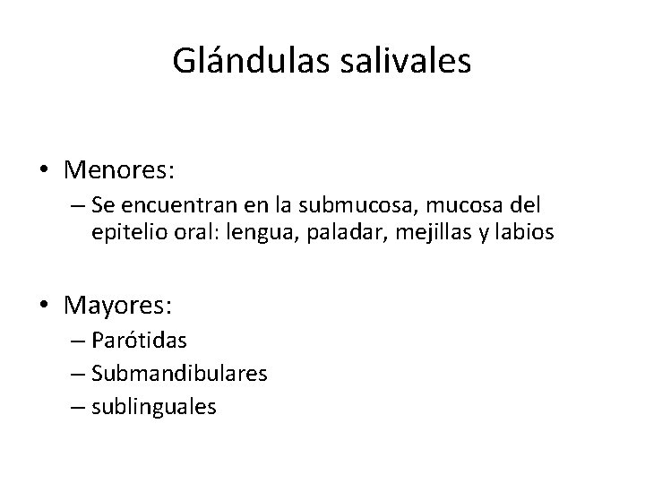 Glándulas salivales • Menores: – Se encuentran en la submucosa, mucosa del epitelio oral: